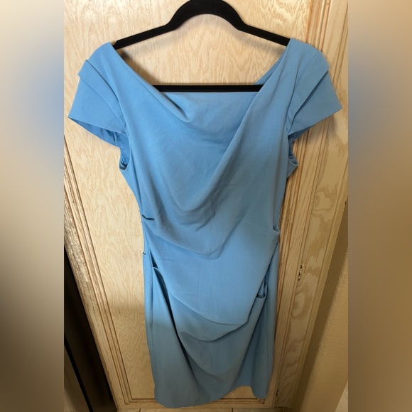 Adrianna Papell Ruched Sheath Dress Sky Blue Sz 10 Office Cocktail Fitted - Picture 1 of 16